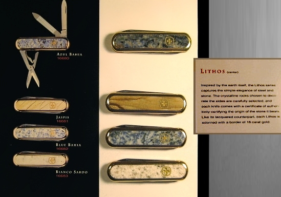 Catalog page and actual knives from the Wenger luxury Lithos series.  These Knives have the main tools of the Esquire model, but feature 18K 10micron gold plated scales with highly polished stone inlays.  **Image by: vaswiss (SOSAK), image processing by ICFT.