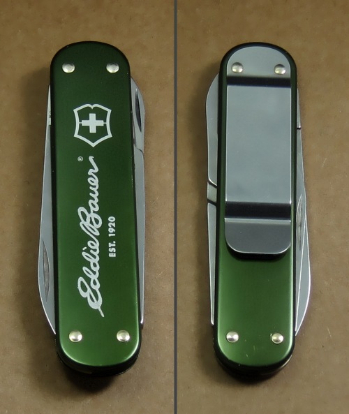 Advertising knife for Eddie Bauer with dark olive green anodizing.