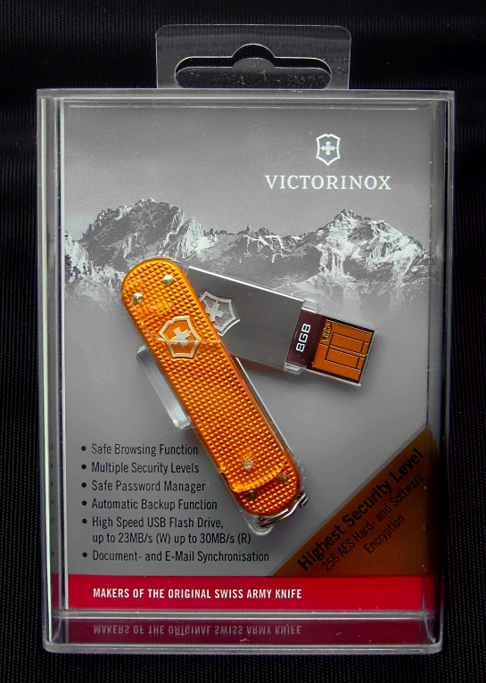 Victorinox 2011 Orange Alox SlimFlash USB drive in display packaging.