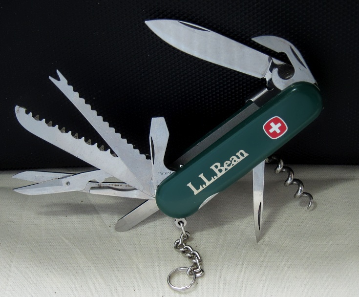 A Wenger 5 layer Swiss Outdoorsman model with New England's retailer L.L. Bean branding. 