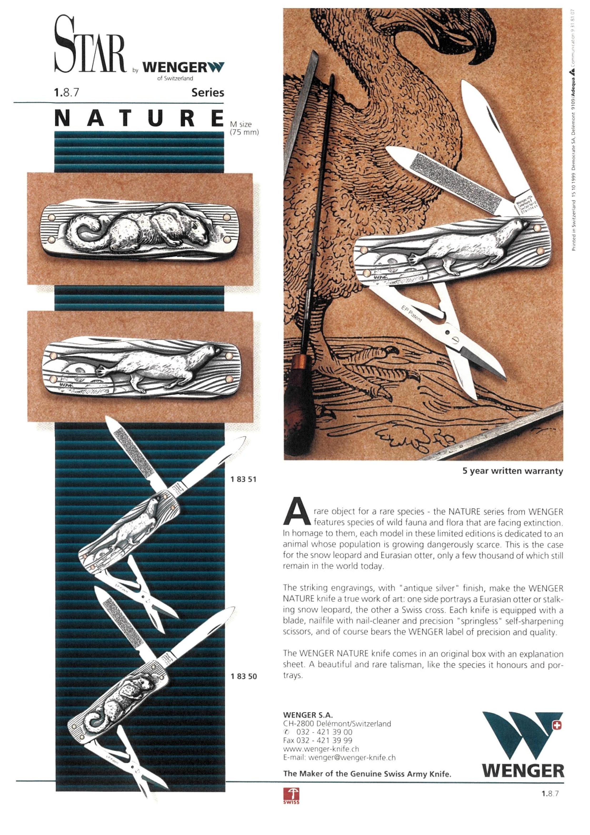 Nature Series Sales Sheet from WENGER featuring striking engravings with "antique silver" finish. 1999
By courtesy of Victorinox, 2016
