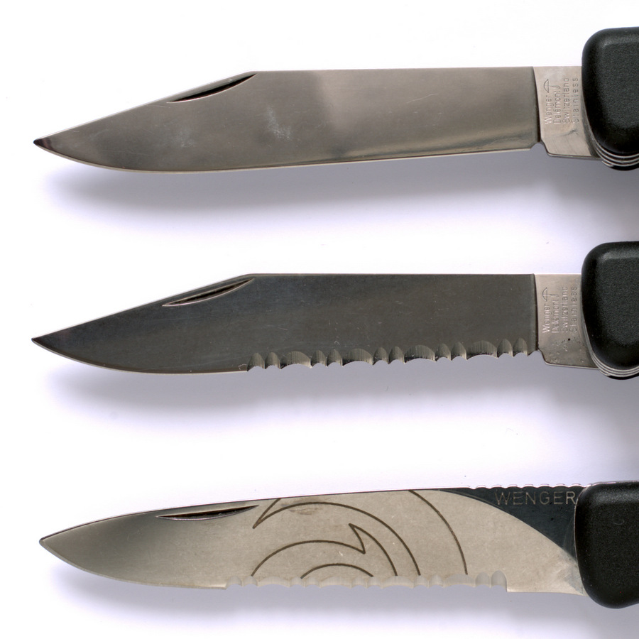 Wenger 120mm Large Blade types, from top to bottom: plain, serrated, Alinghi serrated (Ranger 38-36 model)