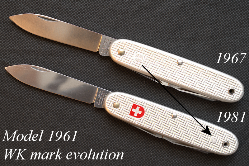 Fig.  12. Change in the WK stamp type and position on 1961 model (1967 and 1981 knives shown as examples only